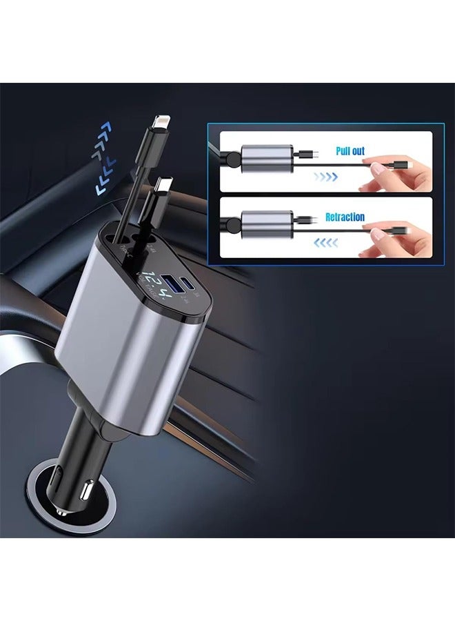 داريو شاحن سيارة 4 في 1 قابل للسحب 120 واط شحن سريع USB-C و Lightning لأجهزة iPhone و Samsung و Pixel و Google مناسب للاستخدام اليومي في السيارة من 12V إلى 24V - Image 4