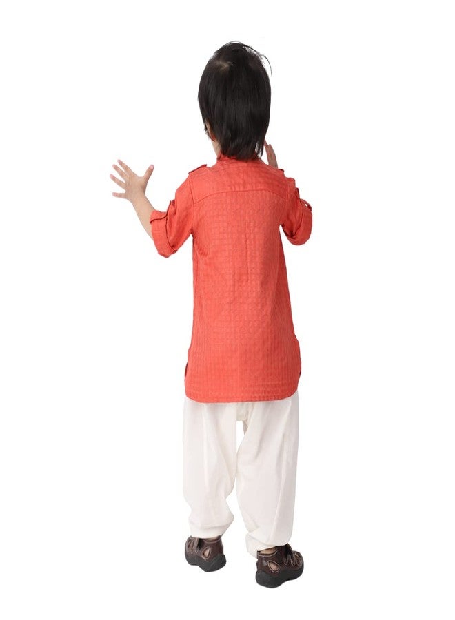 Fabindia Baby Boy's Viscose Blend Dobby Regular Kurta Set (100060402_Orange - Image 4
