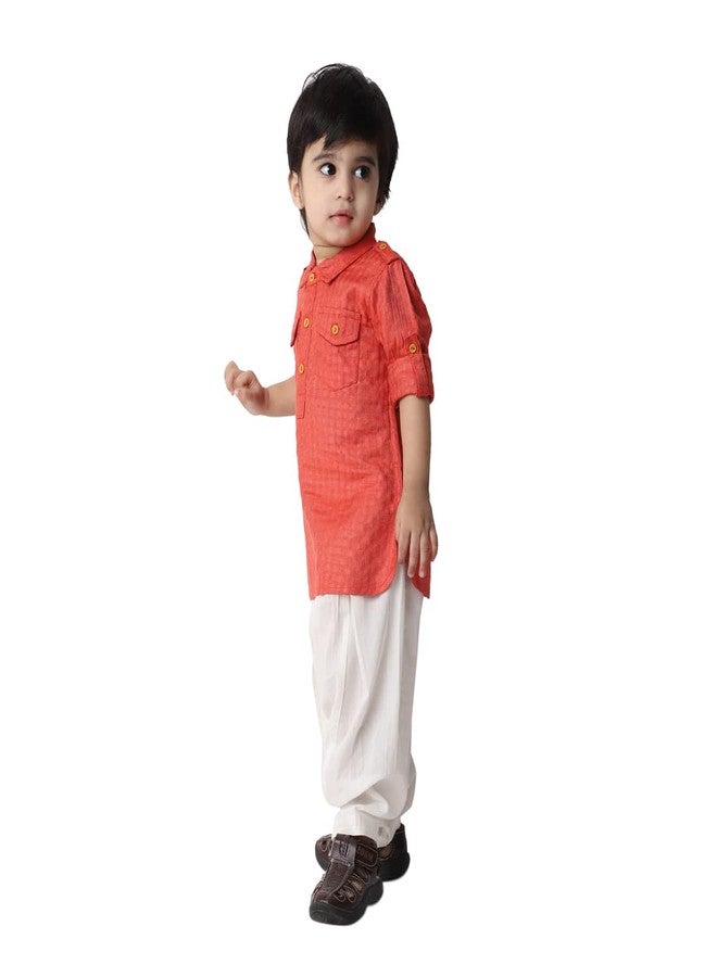 Fabindia Baby Boy's Viscose Blend Dobby Regular Kurta Set (100060402_Orange - Image 2