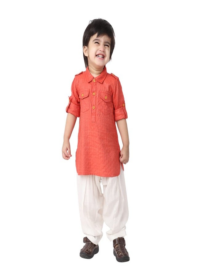Fabindia Baby Boy's Viscose Blend Dobby Regular Kurta Set (100060402_Orange - Image 1