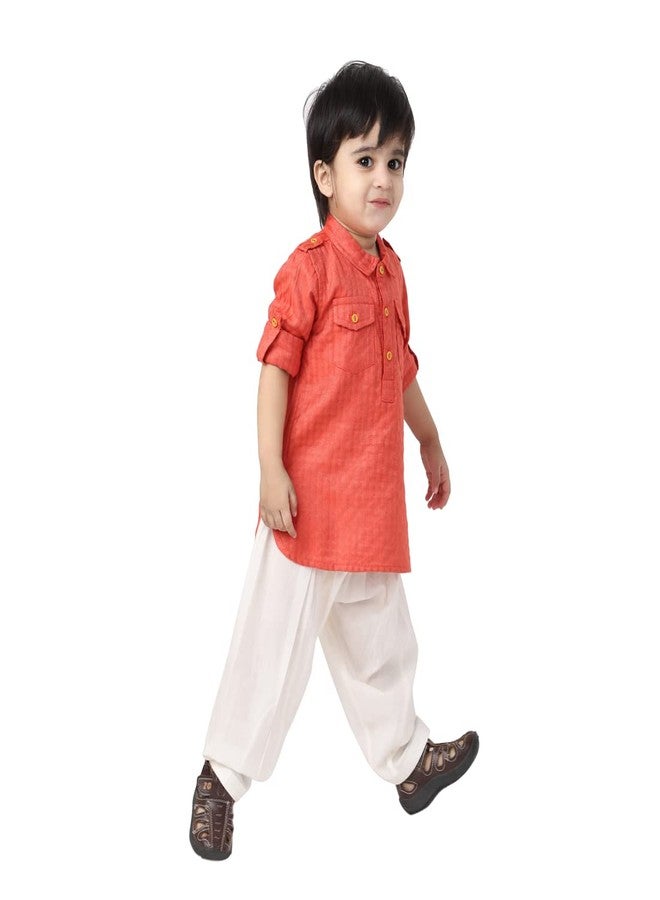 Fabindia Baby Boy's Viscose Blend Dobby Regular Kurta Set (100060402_Orange - Image 3