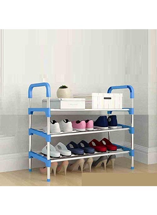 Three Secondz Stainless Steel Shoe Rack Shoe Stand Storage Organizer Shoe Cabinet Durable Portable 3 Rows Blue