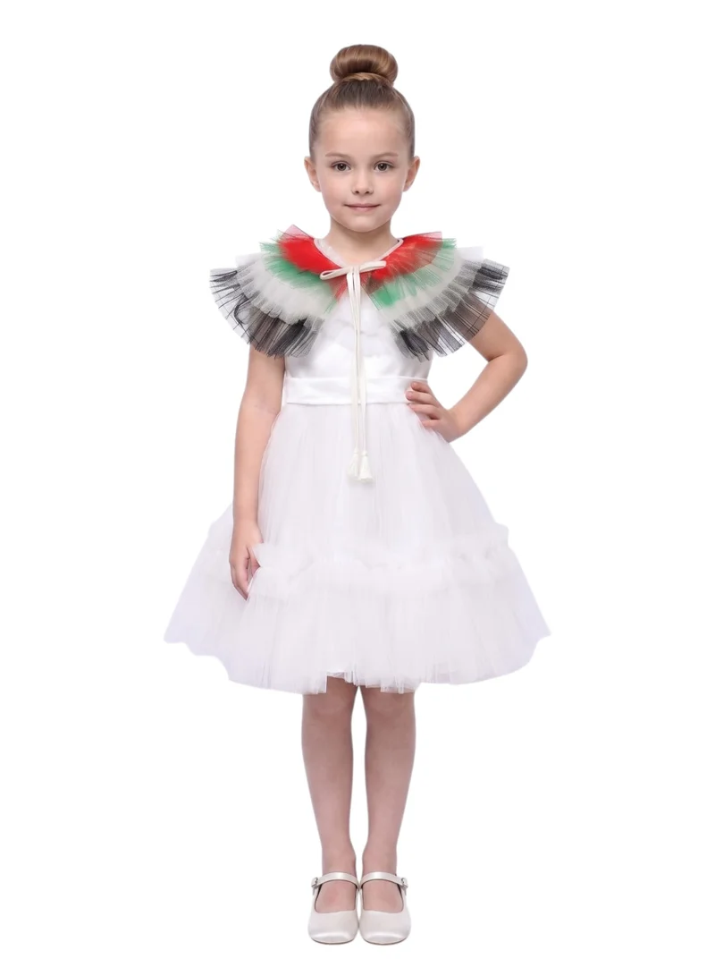 دىدانيالا Girls White Satin & Tulle Occasion Dress with Removable UAE Flag Cape Collar