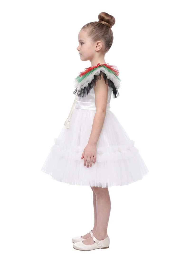 دىدانيالا Girls White Satin & Tulle Occasion Dress with Removable UAE Flag Cape Collar