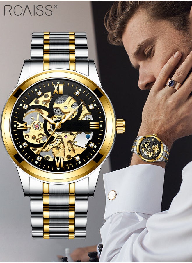 roaiss - Men's Stainless Steel Strap Mechanical Watch Analog Display Round Black Dial with Hollow Pattern Decoration Waterproof Luminous Wristwatch with Silver Band as Gift for Men - Image 1