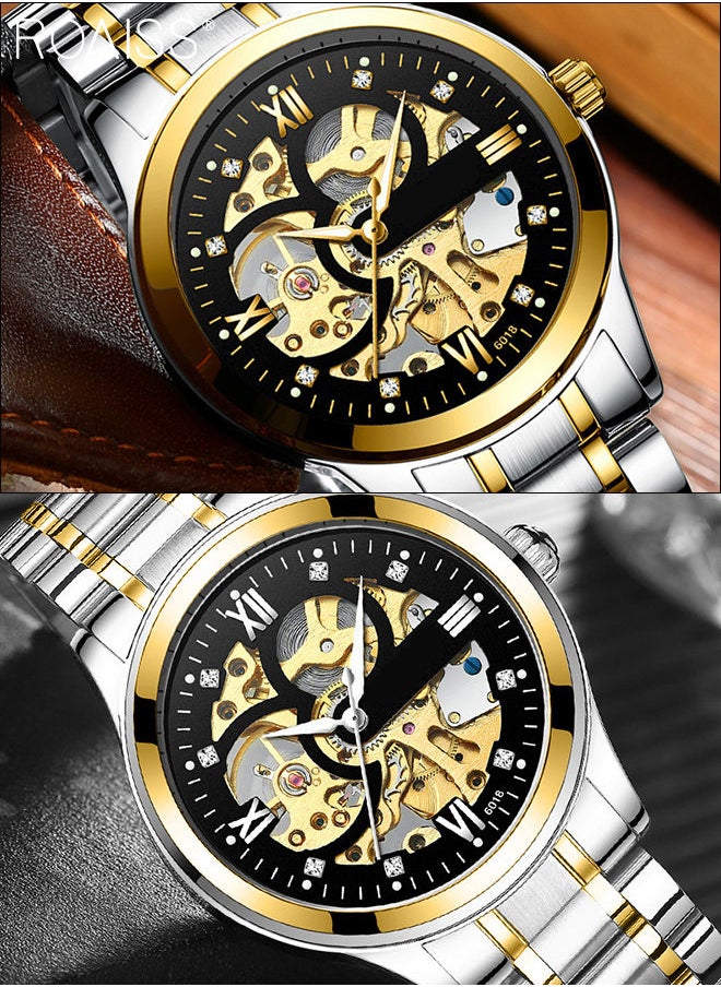 roaiss - Men's Stainless Steel Strap Mechanical Watch Analog Display Round Black Dial with Hollow Pattern Decoration Waterproof Luminous Wristwatch with Silver Band as Gift for Men - Image 1