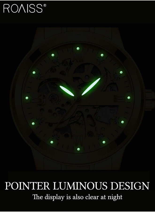 roaiss - Men's Stainless Steel Strap Mechanical Watch Analog Display Round Black Dial with Hollow Pattern Decoration Waterproof Luminous Wristwatch with Silver Band as Gift for Men - Image 1