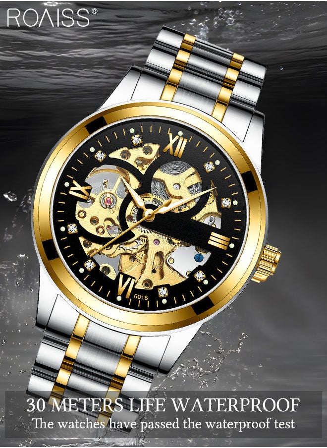 roaiss - Men's Stainless Steel Strap Mechanical Watch Analog Display Round Black Dial with Hollow Pattern Decoration Waterproof Luminous Wristwatch with Silver Band as Gift for Men - Image 1