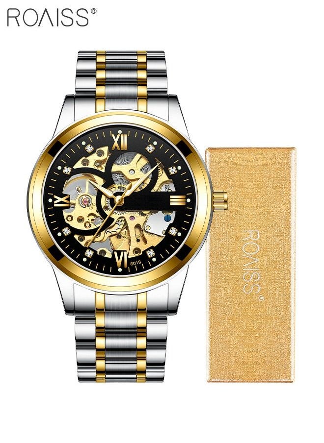 roaiss - Men's Stainless Steel Strap Mechanical Watch Analog Display Round Black Dial with Hollow Pattern Decoration Waterproof Luminous Wristwatch with Silver Band as Gift for Men - Image 1