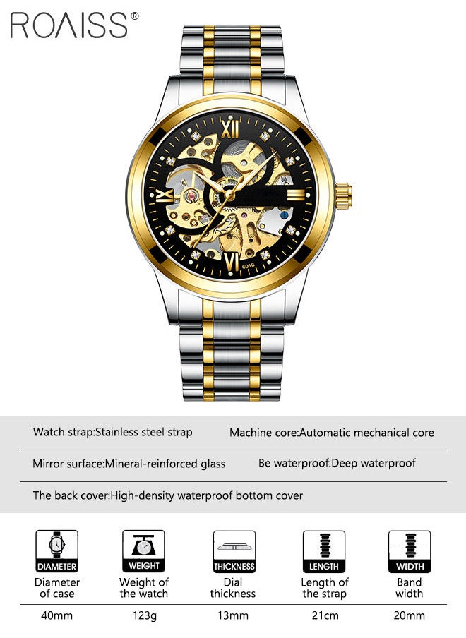 roaiss - Men's Stainless Steel Strap Mechanical Watch Analog Display Round Black Dial with Hollow Pattern Decoration Waterproof Luminous Wristwatch with Silver Band as Gift for Men - Image 1