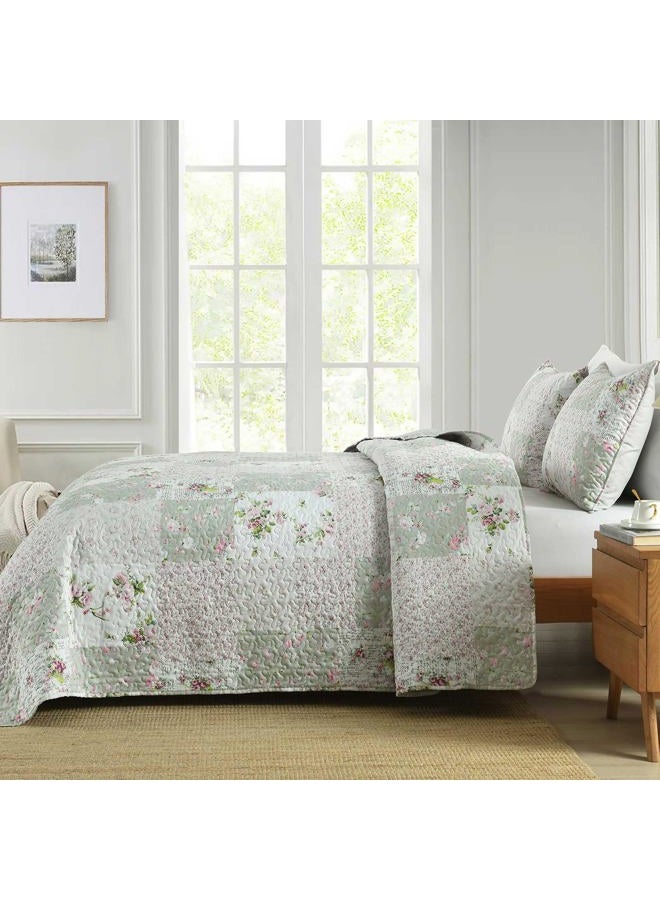 Boryard Full Queen Size Quilt Set, 3-Piece Lightweight Soft Full Size Quilt Patchwork Bedspread Coverlet (90x90 inches) Bedding Set with 2 Pillow Shams, Gray Green Plaid Floral Print - Image 4