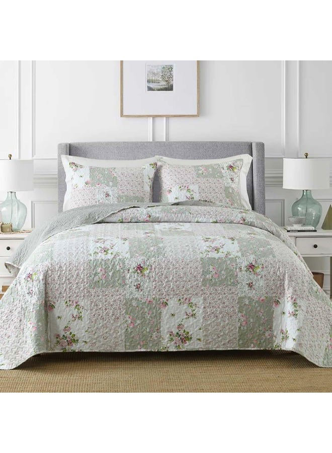 Boryard Full Queen Size Quilt Set, 3-Piece Lightweight Soft Full Size Quilt Patchwork Bedspread Coverlet (90x90 inches) Bedding Set with 2 Pillow Shams, Gray Green Plaid Floral Print - Image 2