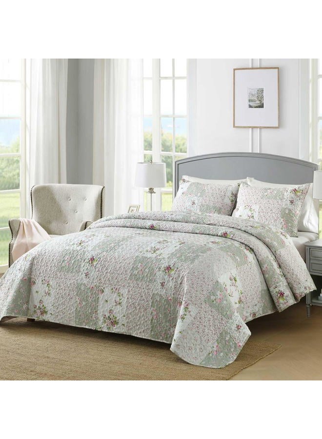 Boryard Full Queen Size Quilt Set, 3-Piece Lightweight Soft Full Size Quilt Patchwork Bedspread Coverlet (90x90 inches) Bedding Set with 2 Pillow Shams, Gray Green Plaid Floral Print - Image 3