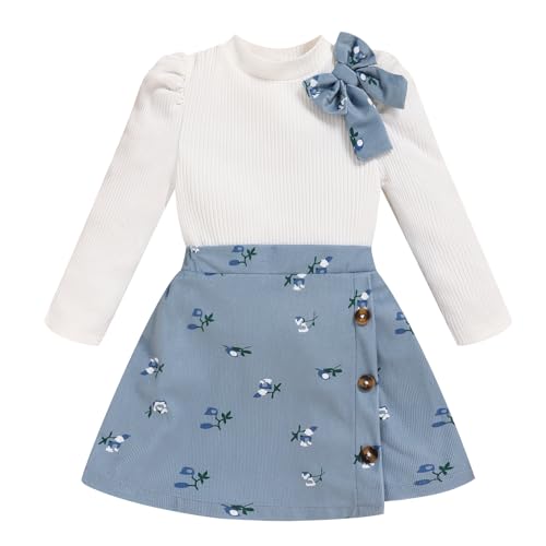 TITKKOP Toddler Girl Plaid Outfits Fall Winter Dress Knit Ribbed Bow Sweatshirt Tops and Button Fashion Skirts Set（blue+flower,2T - Image 1
