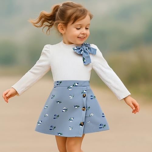 TITKKOP Toddler Girl Plaid Outfits Fall Winter Dress Knit Ribbed Bow Sweatshirt Tops and Button Fashion Skirts Set（blue+flower,2T - Image 2