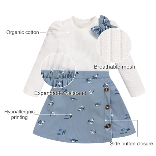 TITKKOP Toddler Girl Plaid Outfits Fall Winter Dress Knit Ribbed Bow Sweatshirt Tops and Button Fashion Skirts Set（blue+flower,2T - Image 5