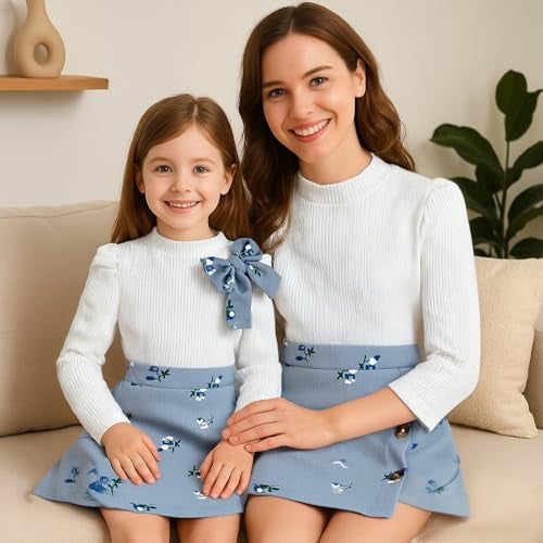 TITKKOP Toddler Girl Plaid Outfits Fall Winter Dress Knit Ribbed Bow Sweatshirt Tops and Button Fashion Skirts Set（blue+flower,2T - Image 4