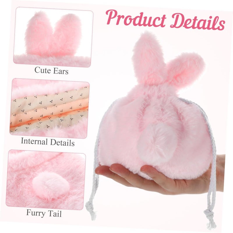 OUNONA Plush Drawstring Bag with Cute Bunny Ears Lightweight Makeup Pouch for Portable Cosmetic Storage Pocket Pink - Image 3