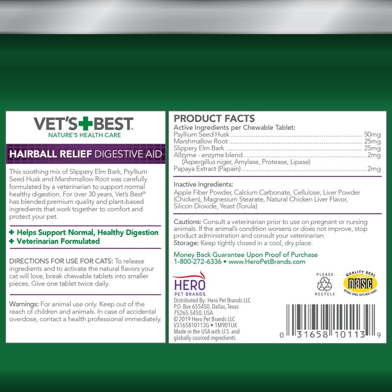 Vet's Best Vetâ€™s Best Cat Hairball Relief Digestive Aid, Vet Formulated Hairball Support Remedy, Hairball Relief for Cats, Classic Chicken Flavor, 180 Chewable Tablets - Image 2