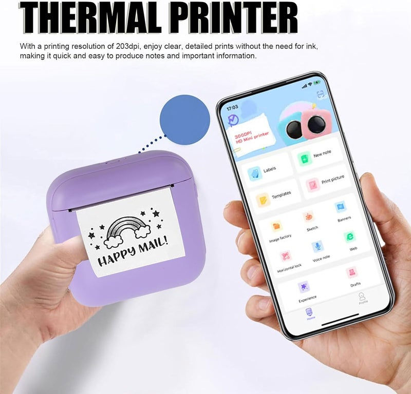 Luocute BT Thermal Printer, Portable Pocket Printer 203dpi with Wireless for Tickets Photos Memos, Compact Size 8.5x8x4cm (Purple) - Image 2