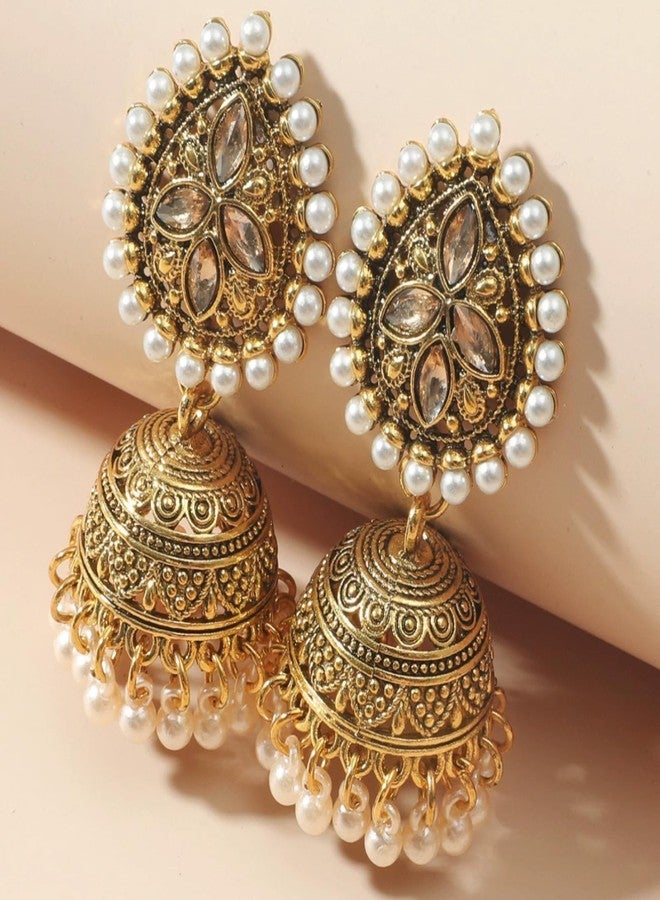 Frodete Indian Earrings for Women Jhumkas Chandelier Earrings Boho Beaded Dangling Studs Bollywood Jewelry for Party Wedding Traditional Jewelry Accessories Indian Outfits for Women - Image 3