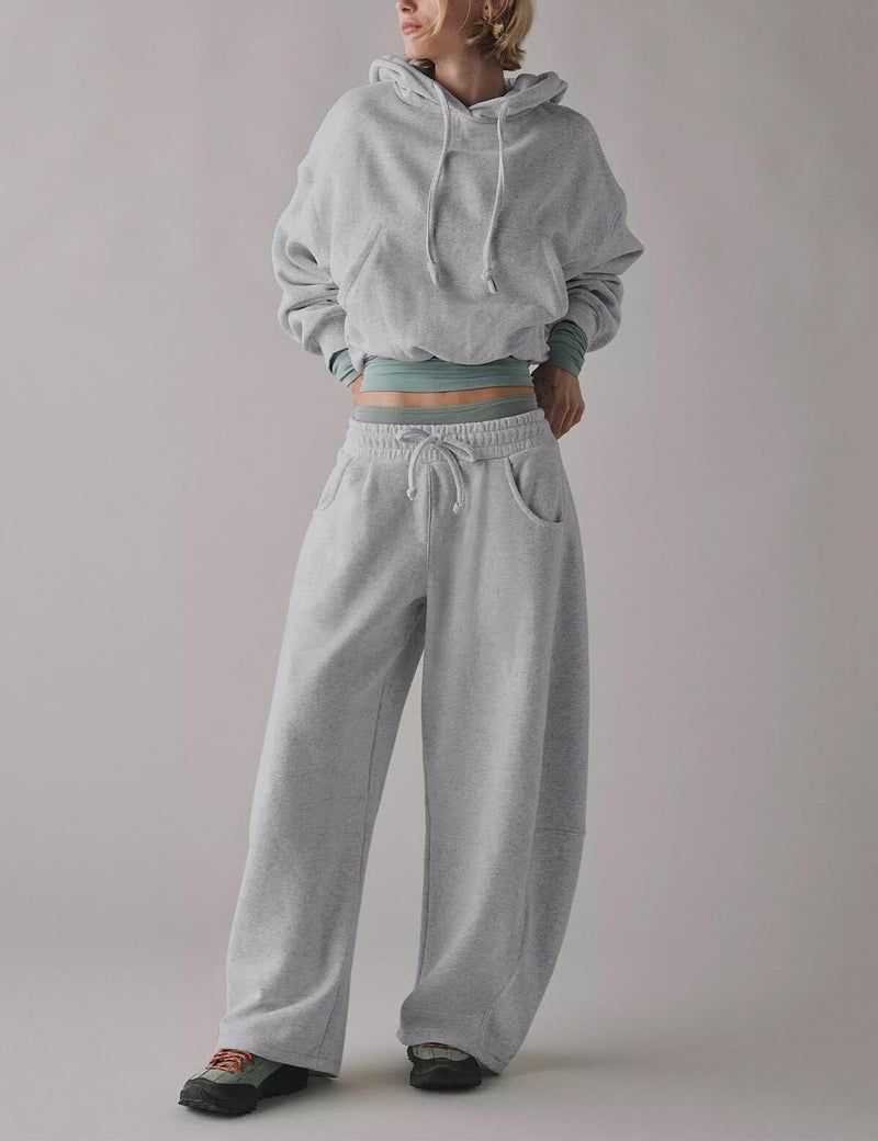HeSaYep Women's Wide Leg Barrel Sweatpants Fleece Lined Baggy Sweat Pants Drawstring High Waisted Casual Pants Cotton Palazzo Trousers with Pockets Grey XS - Image 5