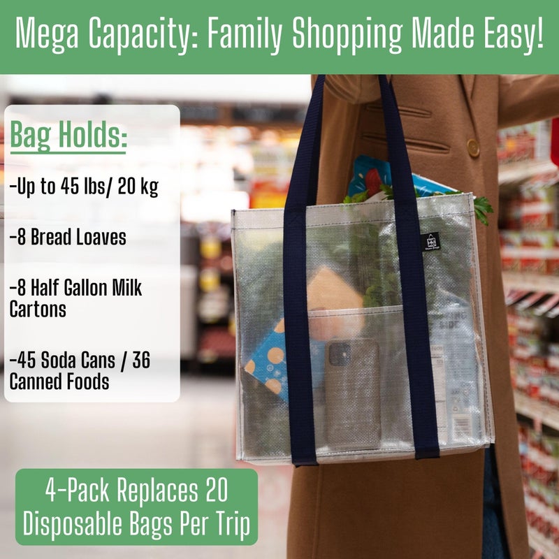 VENO 4 Pack Reusable Grocery Bags, Heavy-Duty Shopping Bags with Handles, Bags for Shopping Cart with Hard Bottom to Stand Upright, Foldable, Multi-Purpose(Clear, 4 Pack) - Image 4