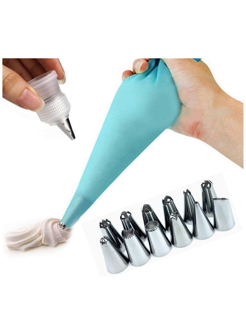 WJASI Silicone Piping Bags and Nozzle,Silicone Icing Piping Cream Pastry Bag and 14 Pcs Piping Nozzle Set for Cake Decorating 