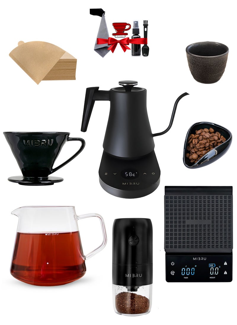 MIBRU - V60 Pour Over Premium Coffee Maker Coffee Set, 12-piece drip coffee maker with electric drip coffee kettle, manual slim neck carafe, drip coffee pot spout, coffee bean weighing tray, electric coffee bean grinder, coffee bean spray bottle, coffee spoon, paper coffee filter, drip coffee filter, kitchen coffee scale, specialty coffee set, specialty coffee tools, coffee machine, coffee mug, coffee cleaning kit, pour-over coffee machine accessories. - Image 1