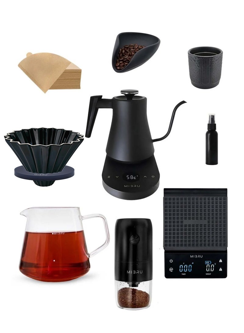 MIBRU V60 Pour Over Premium Coffee Maker Coffee Set, 9 piece drip coffee maker with electric drip coffee kettle, manual slim neck carafe, drip coffee pot spout, coffee bean weighing tray, electric coffee bean grinder, coffee bean spray bottle, paper coffee filter, drip coffee filter, kitchen coffee scale, specialty coffee set, specialty coffee tools, coffee machine, coffee mug, coffee cleaning kit, pour-over coffee machine accessories. - Image 1