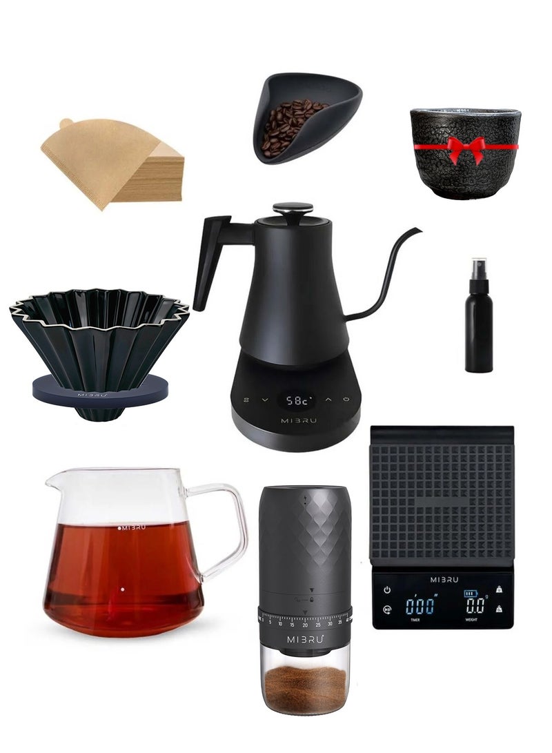 MIBRU V60 Pour Over Premium Coffee Maker Coffee Set, 9 piece drip coffee maker with electric drip coffee kettle, manual slim neck carafe, drip coffee pot spout, coffee bean weighing tray, electric coffee bean grinder, coffee bean spray bottle, paper coffee filter, drip coffee filter, kitchen coffee scale, specialty coffee set, specialty coffee tools, coffee machine, coffee mug, coffee cleaning kit, pour-over coffee machine accessories. - Image 1