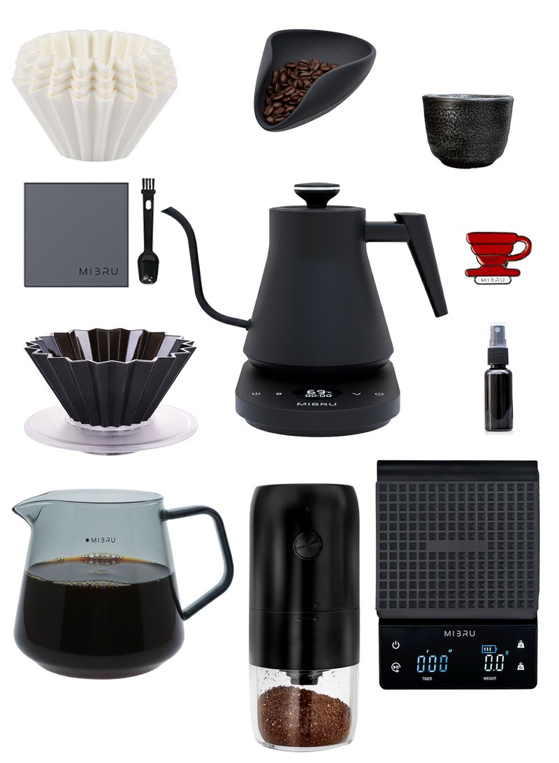 MIBRU V60 Pour Over Premium Coffee Maker Coffee Set, 9 piece drip coffee maker with electric drip coffee kettle, manual slim neck carafe, drip coffee pot spout, coffee bean weighing tray, electric coffee bean grinder, coffee bean spray bottle, paper coffee filter, drip coffee filter, kitchen coffee scale, specialty coffee set, specialty coffee tools, coffee machine, coffee mug, coffee cleaning kit, pour-over coffee machine accessories. - Image 1