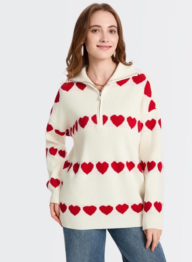 Yimoon Heart Sweater for Women Quarter Zip Oversized Valentines Sweater Cute Long Sleeve Chunky Knit Pullover Tops, Apricot, L - Image 2