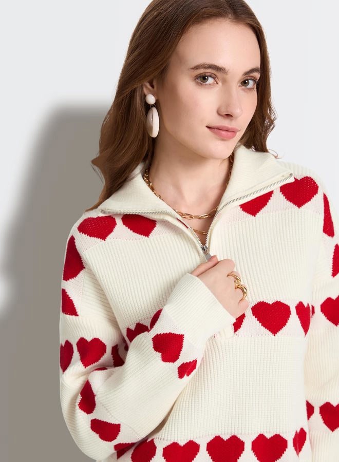 Yimoon Heart Sweater for Women Quarter Zip Oversized Valentines Sweater Cute Long Sleeve Chunky Knit Pullover Tops, Apricot, L - Image 3