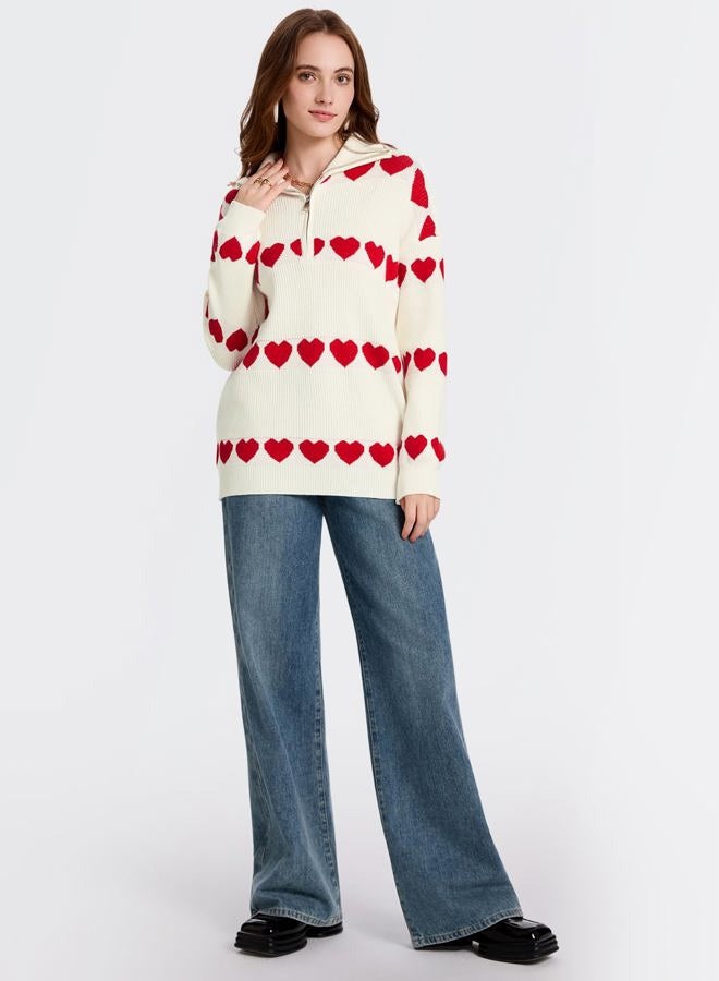 Yimoon Heart Sweater for Women Quarter Zip Oversized Valentines Sweater Cute Long Sleeve Chunky Knit Pullover Tops, Apricot, L - Image 5