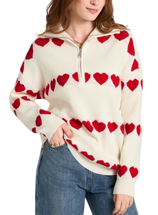 Yimoon Heart Sweater for Women Quarter Zip Oversized Valentines Sweater Cute Long Sleeve Chunky Knit Pullover Tops, Apricot, L - Image 1