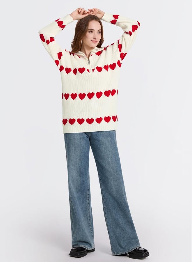 Yimoon Heart Sweater for Women Quarter Zip Oversized Valentines Sweater Cute Long Sleeve Chunky Knit Pullover Tops, Apricot, L - Image 4