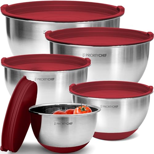 Priority Chef Premium Mixing Bowls With Airtight Lids Set Thicker Stainless Steel Mixing Bowl Set Large Prep Metal Bowls with Lids Nesting Bowls for Kitchen 152345 Qrt Red