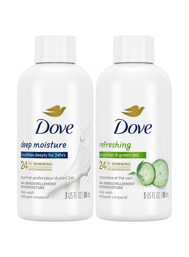 دوف مجموعة دوف لغسول الجسم الأساسية للسفر، عبوة من قطعتين - غسول للجسم منعش برائحة الخيار والشاي الأخضر + غسول للجسم مغذي ومرطب بعمق، 3 أونصة - Image 1