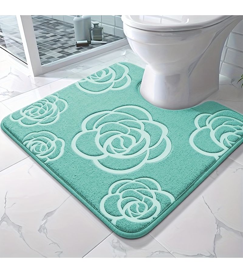 Ultra Soft Absorbent Black Rose U Shaped Bath Mat Non Slip Large Toilet Floor Mat Home Decor - Image 1