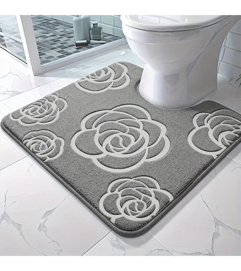 Ultra Soft Absorbent Black Rose U Shaped Bath Mat Non Slip Large Toilet Floor Mat Home Decor - Image 3