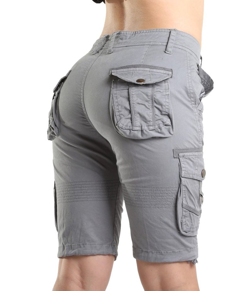 FOURSTEEDS Women's Casual Loose Fit Multi-Pockets Camouflage Twill Bermuda Cargo Shorts with Belt Grey US 6 - Image 2