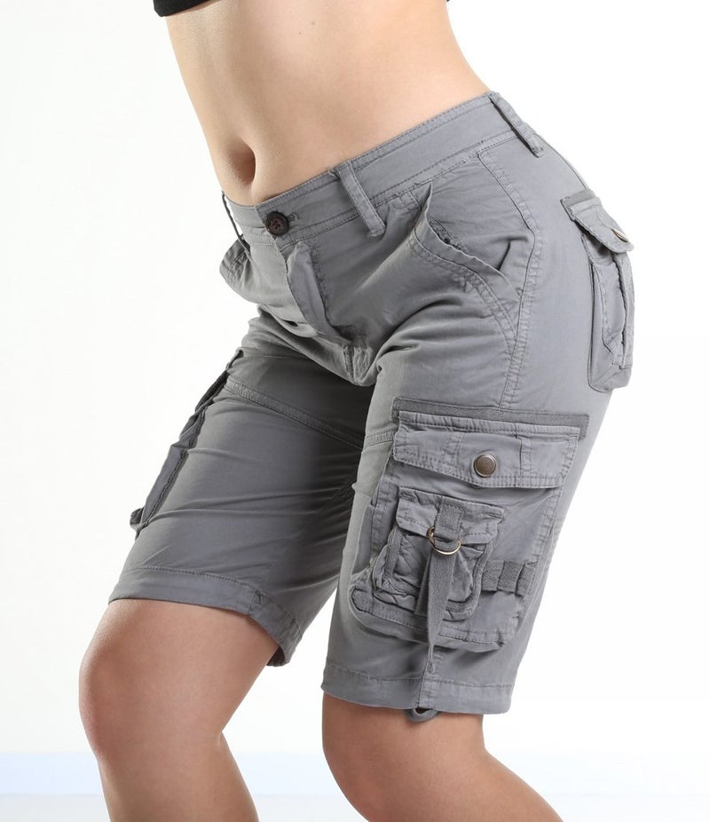FOURSTEEDS Women's Casual Loose Fit Multi-Pockets Camouflage Twill Bermuda Cargo Shorts with Belt Grey US 6 - Image 4