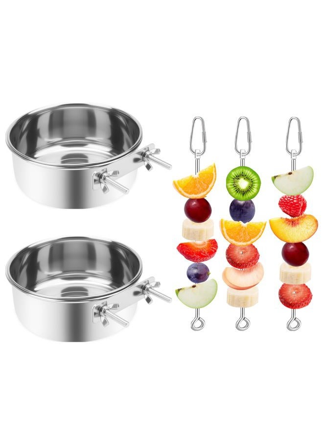 VOXGET 2 Pcs Bird Feeding Dish Cups with 3 Pcs Food Holder for Cage, Parrot Food Water Bowls and Fruit Vegetable Skewer Foraging Toy, Stainless Steel Bird Feeders for Small Animals -Silvery,5 Pcs - Image 1