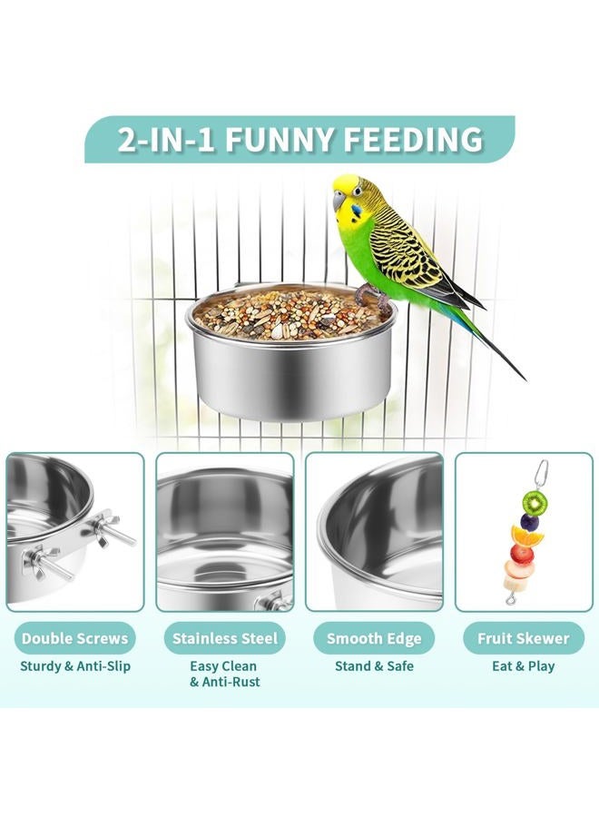 VOXGET 2 Pcs Bird Feeding Dish Cups with 3 Pcs Food Holder for Cage, Parrot Food Water Bowls and Fruit Vegetable Skewer Foraging Toy, Stainless Steel Bird Feeders for Small Animals -Silvery,5 Pcs - Image 2