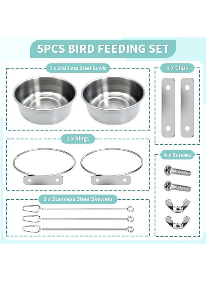 VOXGET 2 Pcs Bird Feeding Dish Cups with 3 Pcs Food Holder for Cage, Parrot Food Water Bowls and Fruit Vegetable Skewer Foraging Toy, Stainless Steel Bird Feeders for Small Animals -Silvery,5 Pcs - Image 3