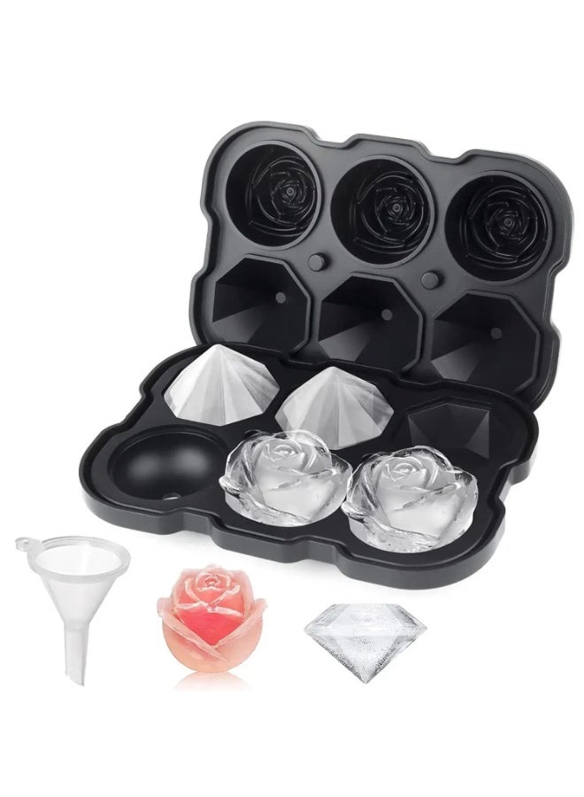 Black Silicone Ice Cube Tray 6 Cavities Rose Diamond Shape with Funnel Food Grade Ice Mold - Image 1