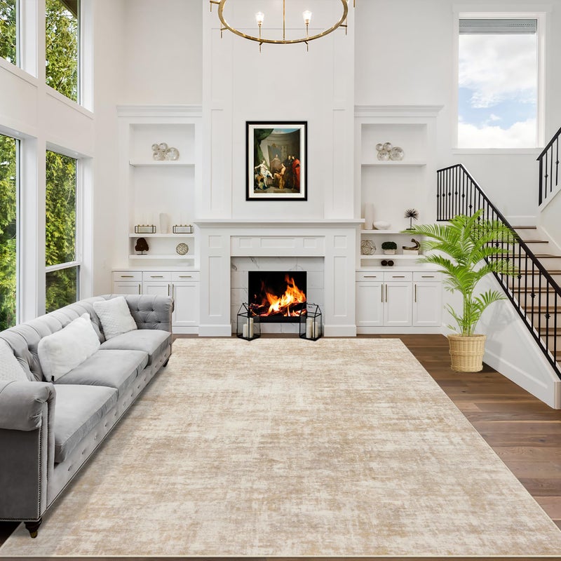Gent drizz 9x12 Area Rugs Washable Rug: Modern Abstract Living Room Rug Soft Anti-Skid Thin Carpet Indoor Floor Non-Shedding Carpets for Bedroom Dining Room Farmhouse Nursery Home Office Beige - Image 1