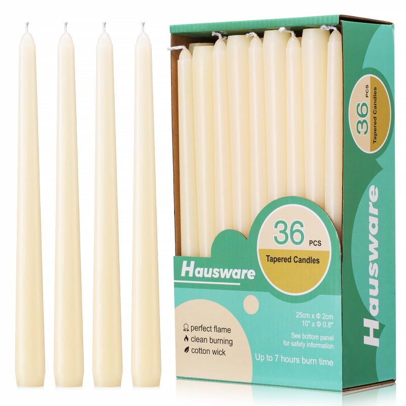 Hausware 36 Pack Taper Candles, 8 Hour Burn Time,Unscented Dripless and Smokeless, 10 inch Elegant Premium Quality Dinner Candle for Home Décor, Restaurant, Wedding, Party Candlesticks(Ivory) - Image 1