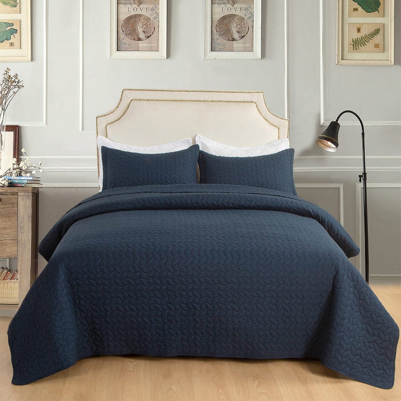 Hygge Hush Hygge Hush Summer Quilt Set  Full Queen Size Navy Blue Leaves Pattern 3 Pieces Quilt Set  Oversized Modern Style Bedspread Set for All Season (1 Quilt & 2 Pillow Shams)  - Image 2